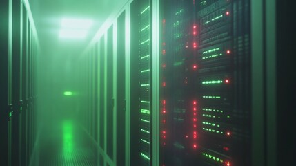 Data Center with Servers in Soft Green Light
