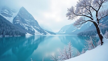 Frozen lake with snow-covered trees and hills, tree, frozen lake