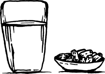 Vector glass of water and dates on a container. Ramadan theme. Drawn in black and white hand drawn style
