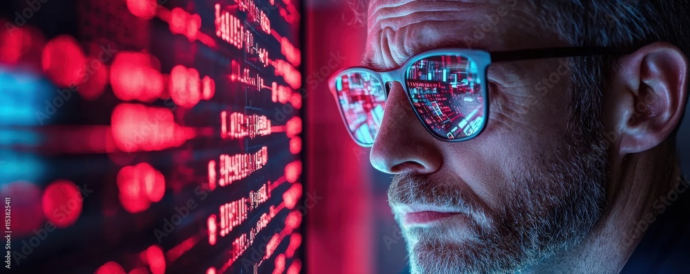 Poster focused man with glasses analyzing data on a glowing screen.