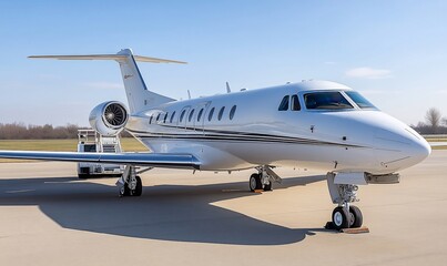 Obraz premium A sleek private jet parked on an airport tarmac under a clear sky.