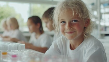 Captivating science exploration children in a vibrant lab enthusiastically experimenting with colorful liquids, displaying expressions of amazement and joy during playful learning Indoor experiments
