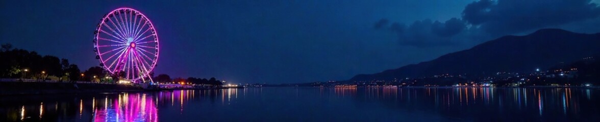 Ferris wheel at night with colorful lights and reflection, atmosphere, lake