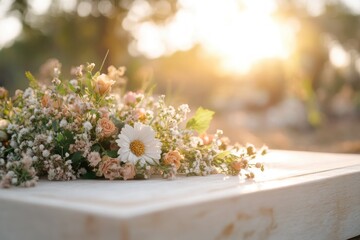Capture the essence of remembrance with a simple white memorial plaque adorned with delicate tributes, a serene visual representation honoring a life well-lived, ideal for funeral and memorial