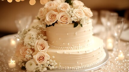 Elegant two-tiered wedding cake adorned with blush roses and pearls.