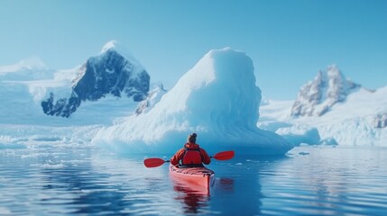 Kayaking through a Frozen Wonderland:  A solitary kayaker paddles through crystalline waters, dwarfed by towering icebergs and majestic snow-capped peaks.