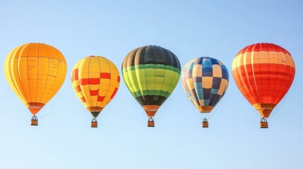 Obraz premium Colorful hot air balloons floating in clear blue sky, vibrant summer festival, adventure travel vacation, outdoor recreation, bright sunny day, scenic landscape for tourism and leisure activities