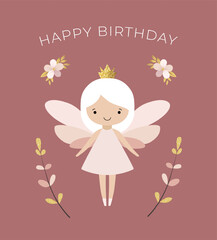 Happy birthday card with a cute fairy. Gentle minimalistic birthday template, greeting card, invitation