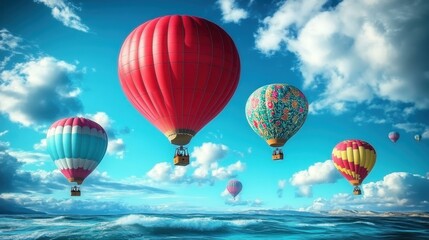 Obraz premium Vibrant colorful hot air balloons floating over calm sea water with blue sky and scattered clouds perfect for adventure travel, vacation, summer holiday, and outdoor leisure background