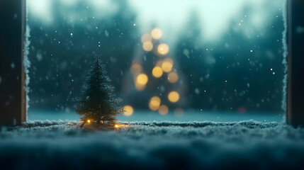 A serene winter scene through a window, featuring a small Christmas tree and soft snowfall.