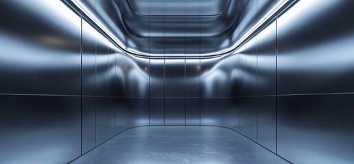 A sleek, futuristic hallway with smooth metallic surfaces and ambient lighting.