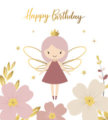 Happy birthday card with a cute fairy. Golden lettering. Gentle birthday template, greeting card, invitation