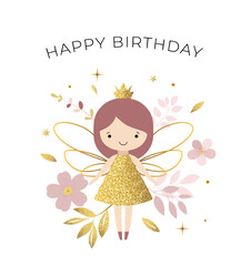 Happy birthday card with a cute fairy. Gentle minimalistic template, birthday greeting card, invitation