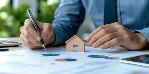 A professional analyzing real estate data with a house model on a document and graphs, emphasizing planning and decision-making.