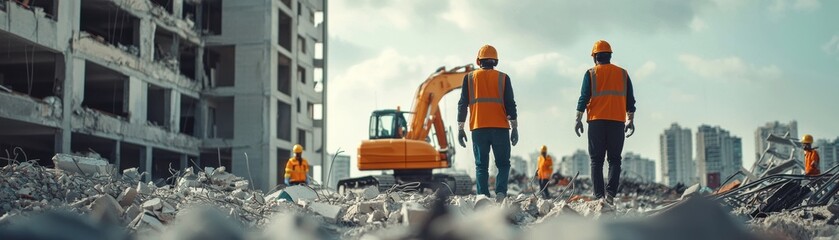 Construction workers overseeing demolition at building site.