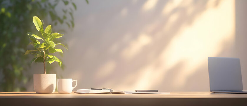 A serene workspace with a plant, coffee cup, and laptop, perfect for inspiring creativity and productivity.