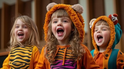 Capture the magic of childhood with these vibrant images of children performing in a school play The joy of creativity is evident in their engaged expressions and vivid costumes, showcasing the