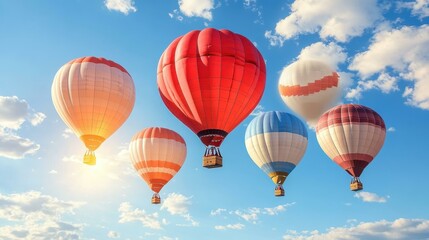 Obraz premium Bright colorful hot air balloons floating in blue sky with white clouds, perfect for travel adventure, vacation, outdoor fun, summer festival, scenic landscape, uplifting atmosphere, clear sunny day