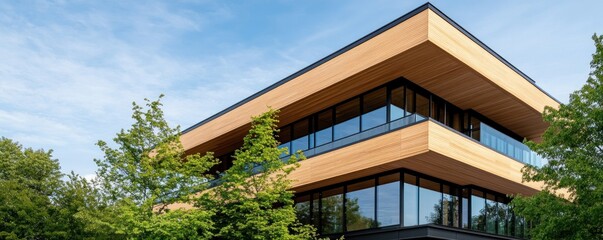 Fototapeta premium Capture the serene beauty of a modern educational complex exterior, harmoniously blending architectural design with natural surroundings The innovative building stands gracefully amidst lush