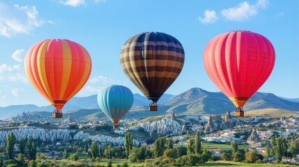 Obraz premium Colorful hot air balloons floating over scenic green landscape with mountains in background, ideal for travel, adventure, vacation themes, clear sky, sunny day, vibrant, uplifting atmosphere