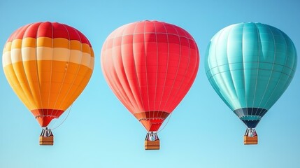 Fototapeta premium Three colorful hot air balloons orange red turquoise floating in clear blue sky for adventure travel tourism vacation outdoors freedom