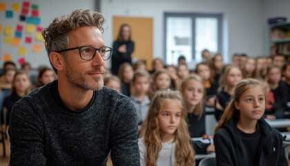 Fototapeta premium Capturing vibrant classroom moments where a teacher guides students during a presentation, the classroom buzzing with energy and focus Observe the attentive faces of students and the involved