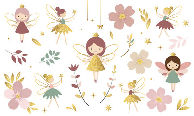 Set of little fairies and botanical elements. Golden dress. Cute fairies. Fabulous spring collection