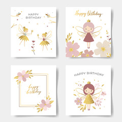Happy birthday cards with a cute fairy. Gold lettering. Gentle fairies. Birthday templates, greeting card, invitation