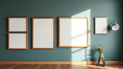 Empty wooden picture frames on teal wall with plant