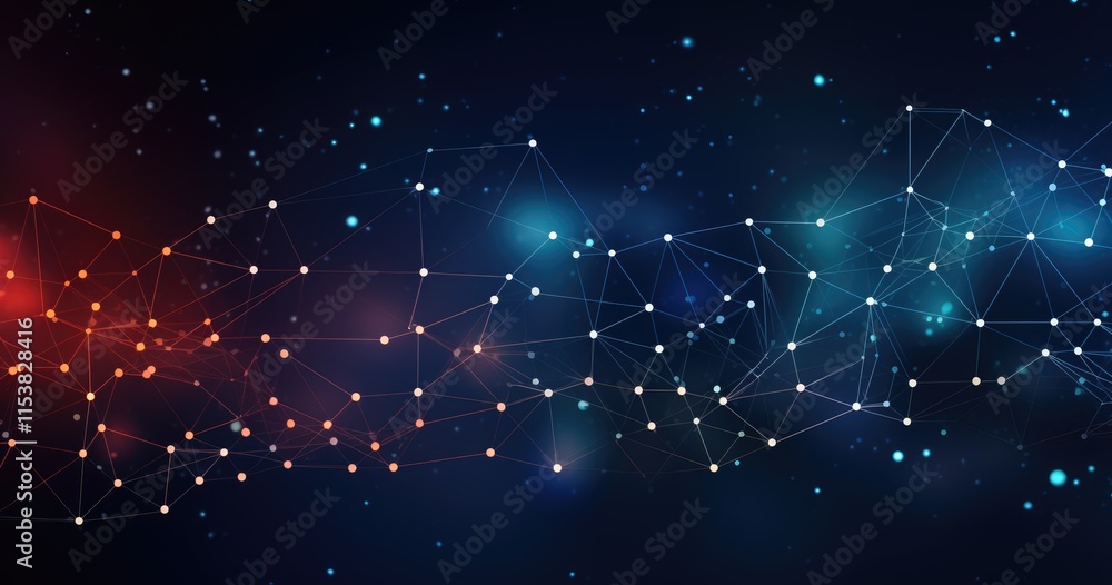 Poster abstract digital illustration of interconnected nodes and lines against a cosmic background.