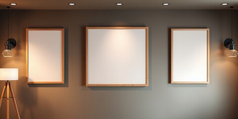 Modern minimalist interior design featuring three empty picture frames on a dark wall with lamps