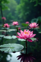 Raindrops fall gently on the petals of water lilies in a serene Chinese Garden, water lily, serene