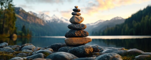 Discover the serene beauty of ritual placement of stones atop a headstone, rich in tradition and emotion, a peaceful scene of stacked stones, a tranquil monument by the lake, symbolizing balance