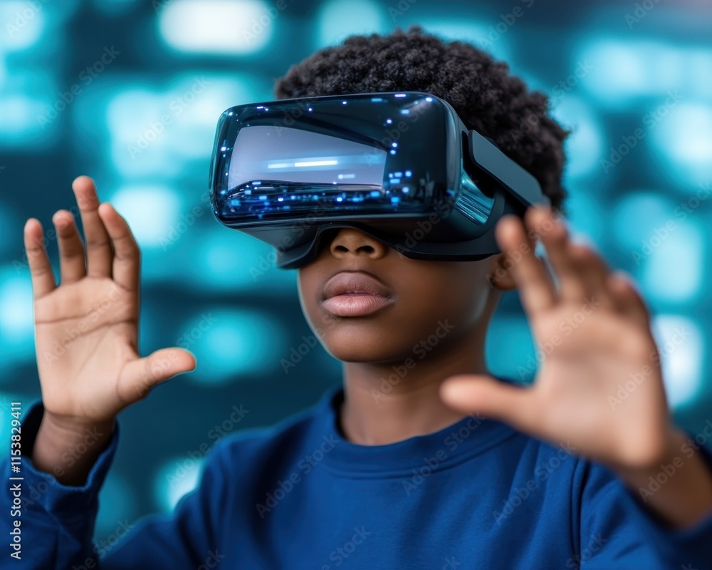 Poster engaging stem education a dynamic student immerses himself in 3d models using virtual reality, enhan