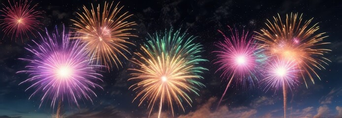Vibrant fireworks exploding in the night sky with colorful sparks and stars , pyrotechnics, fireworks, night sky