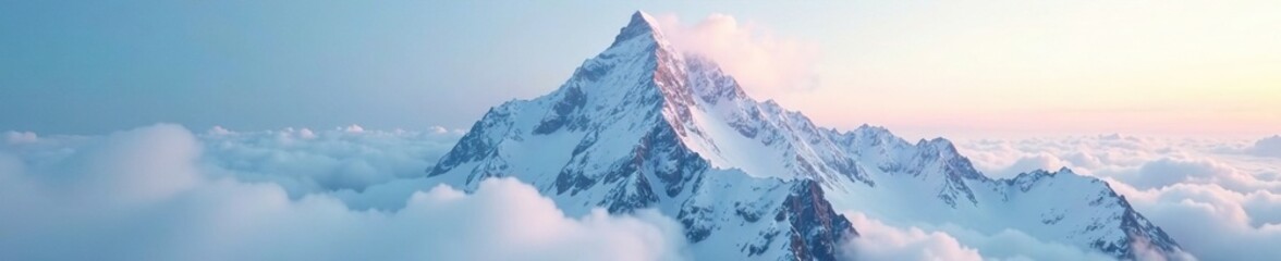 Obraz premium Snowy mountain peak breaks through cloudy veil, snowy summit, foggy, mountain