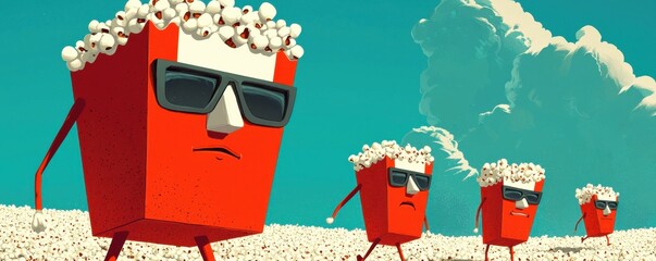 Playful animated popcorn boxes wearing sunglasses in a vibrant scene.