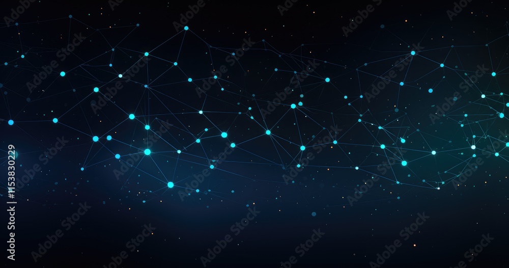 Poster abstract digital network with glowing nodes and connections against a dark background.
