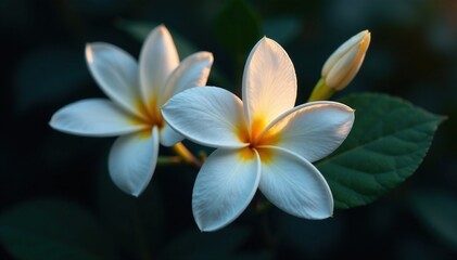 Fototapeta premium Softly glowing white jasmine petals against a dark background, soft, glow