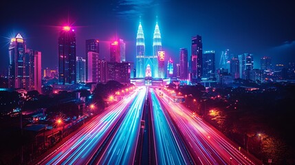 Fototapeta premium Night cityscape with vibrant light trails on highway.