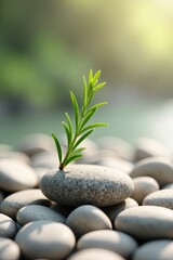 Obraz premium serenity of rosemary on pebbles in a neutral background, serene landscape, wellness retreat, soothing ambiance