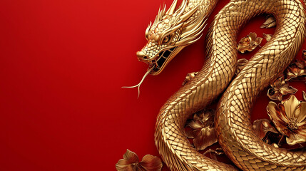 Fototapeta premium 3D Golden Snake on Red Background, Chinese New Year Celebration, with Intricate Patterns and Copy Space. High-resolution studio photo with sharp focus.