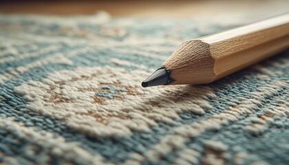 Explore the artistry of drawing with this image featuring a wooden pencil on a patterned surface, showcasing a blend of artistic expression and academic tools This close up shot highlights the