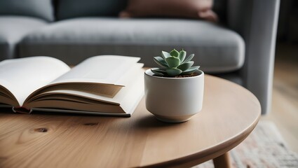 Simple table with ceramic cup, open book, and calming decor
