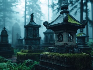 Explore the mystic cemetery with ancient memorials, where moss-covered stones whisper tales of the past A tranquil foggy morning sets a serene, yet haunting tone, a glimpse into history's solemn