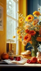 a vase of flowers and fruit on a table