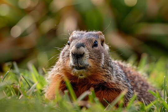 Close up of a yellow bellied marmot resting in the grass, enjoying the warm sunset light