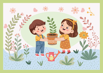 Cute little boy and a cute little girl holding potted green plant