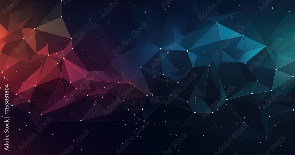 Poster abstract geometric design with colorful triangular shapes against a dark background.