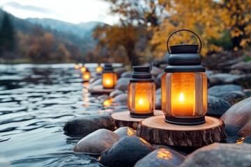 Nighttime Vigil Serene River Funeral Memorial with Flickering Lanterns, A Solemn Farewell Capture the peace and beauty of a nighttime memorial with lanterns gently illuminating a flowing river
